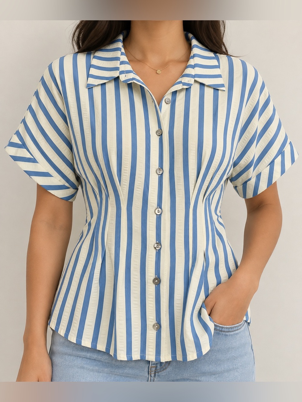 She + Sky Blue and White Vertical Stripe Button Down Top